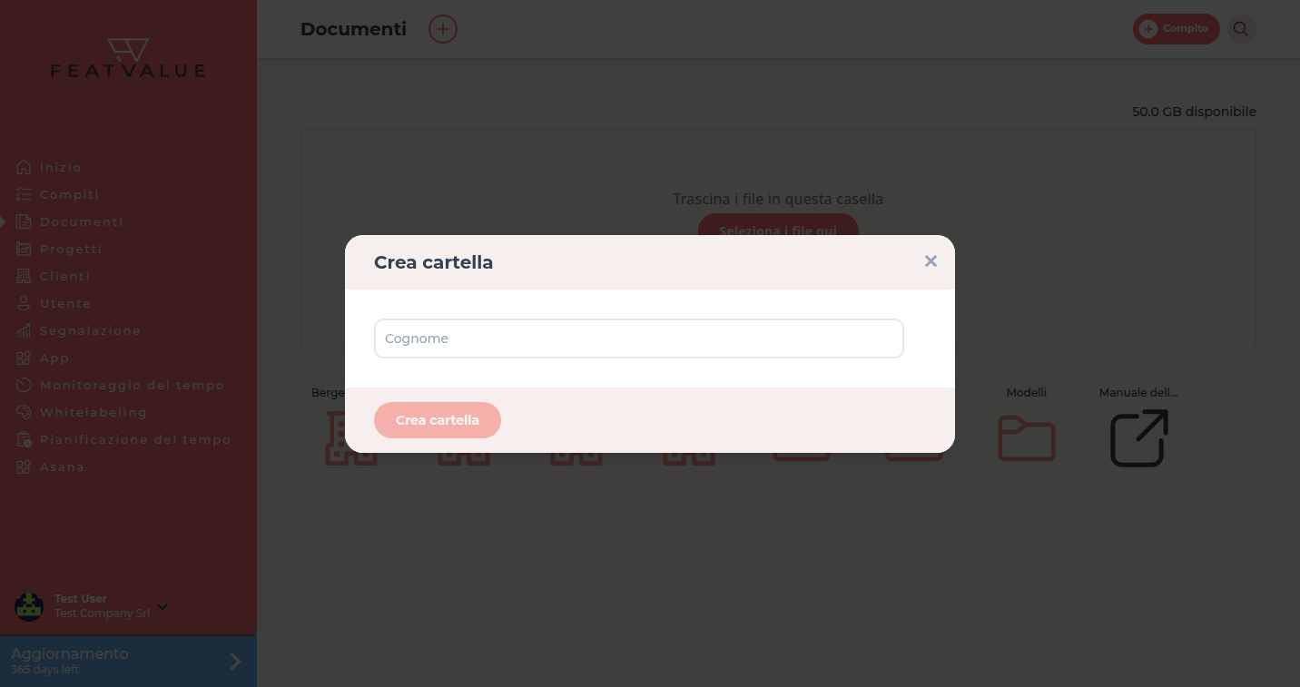 Finestra Crea cartella con un campo nome e il pulsante Crea cartella