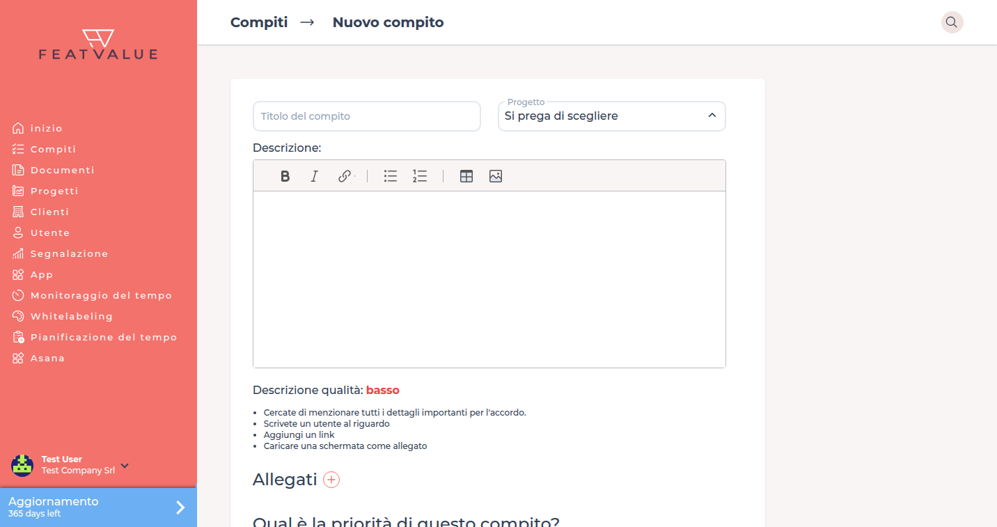 Modulo Nuovo compito con Titolo del compito, Progetto, Descrizione e Allegati
