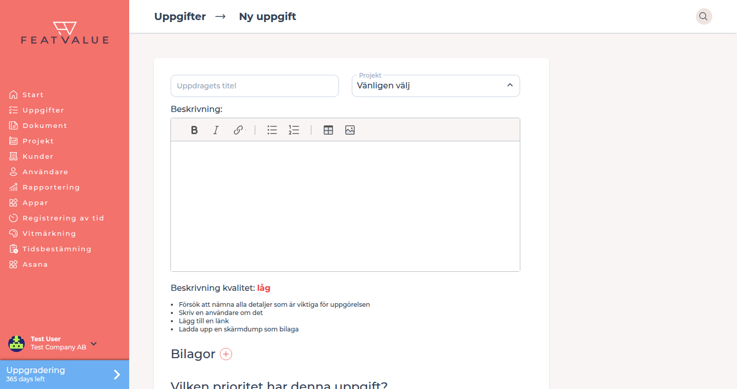 Formuläret Ny uppgift med titel, projekt, beskrivning och bilagor