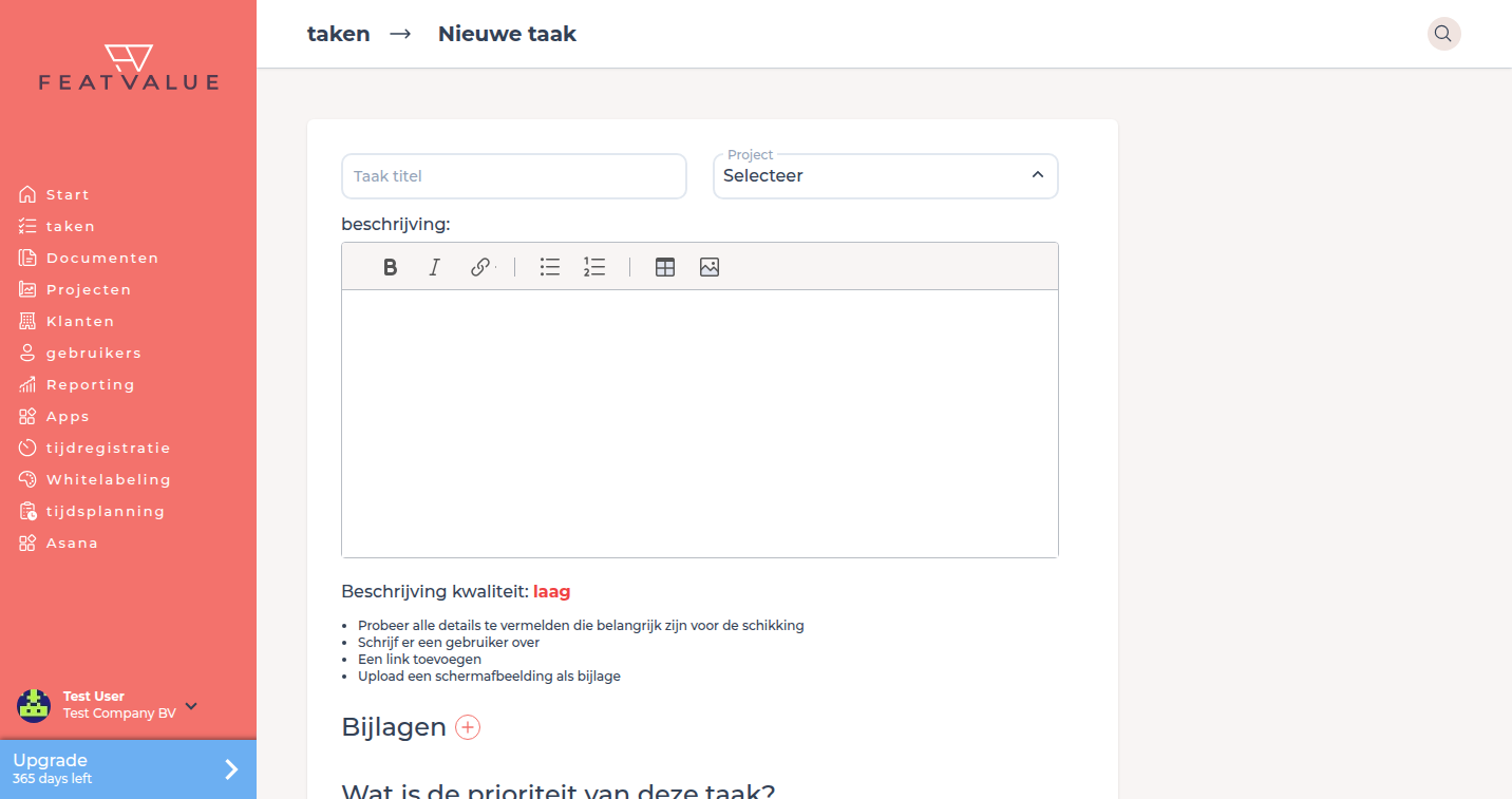 Formulier Nieuwe taak met Taak titel, Project, beschrijving en bijlagen