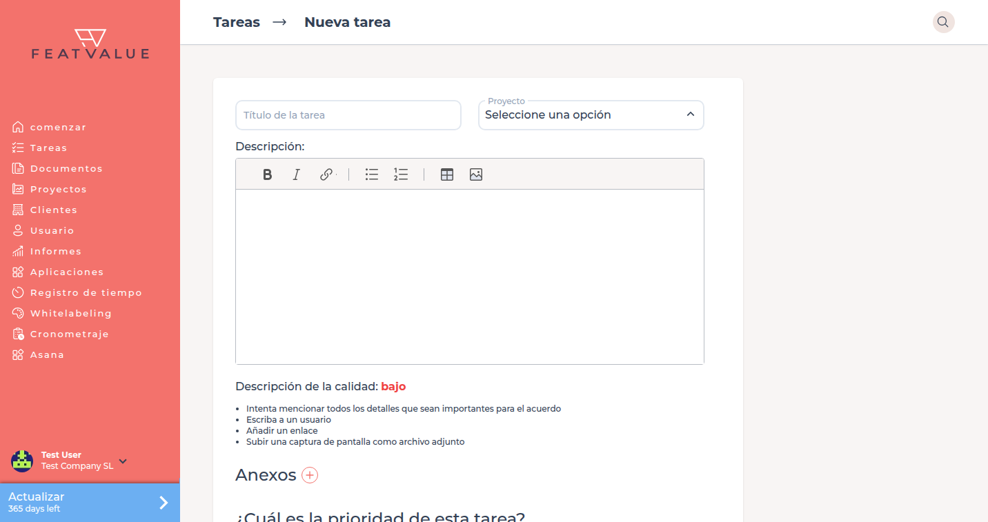 Formulario Nueva tarea con título, Proyecto, Descripción y Archivos adjuntos