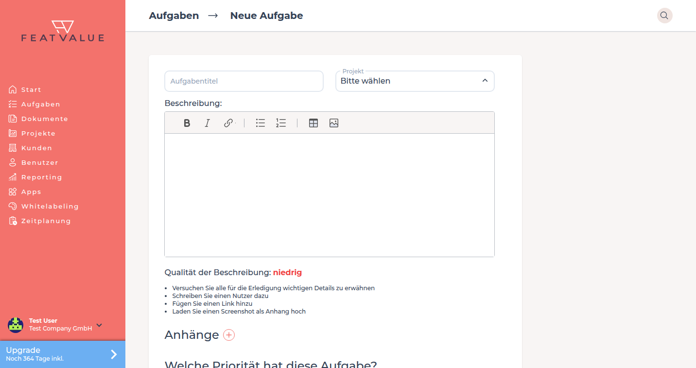 Formular Neue Aufgabe mit Titel, Projekt, Beschreibung und Anhängen