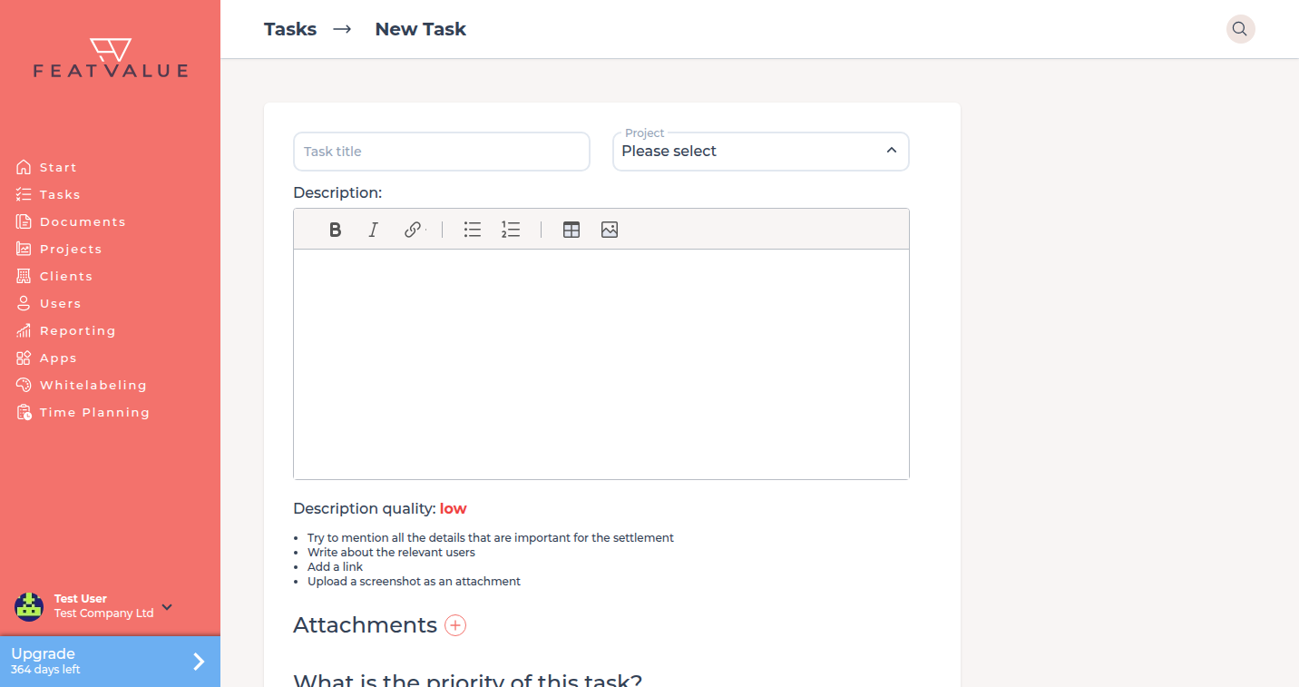 New task form with Task title, Project, Description and Attachments