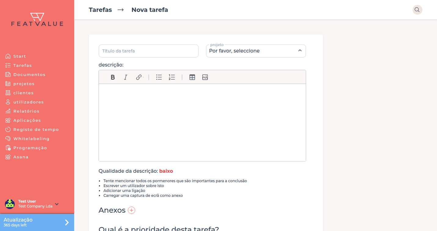 Formulário Nova tarefa com título, projeto, descrição e Anexos