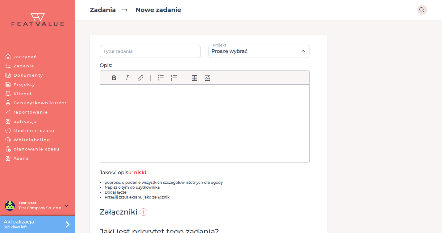 Formularz nowego zadania z tytułem, projektem, opisem i załącznikami