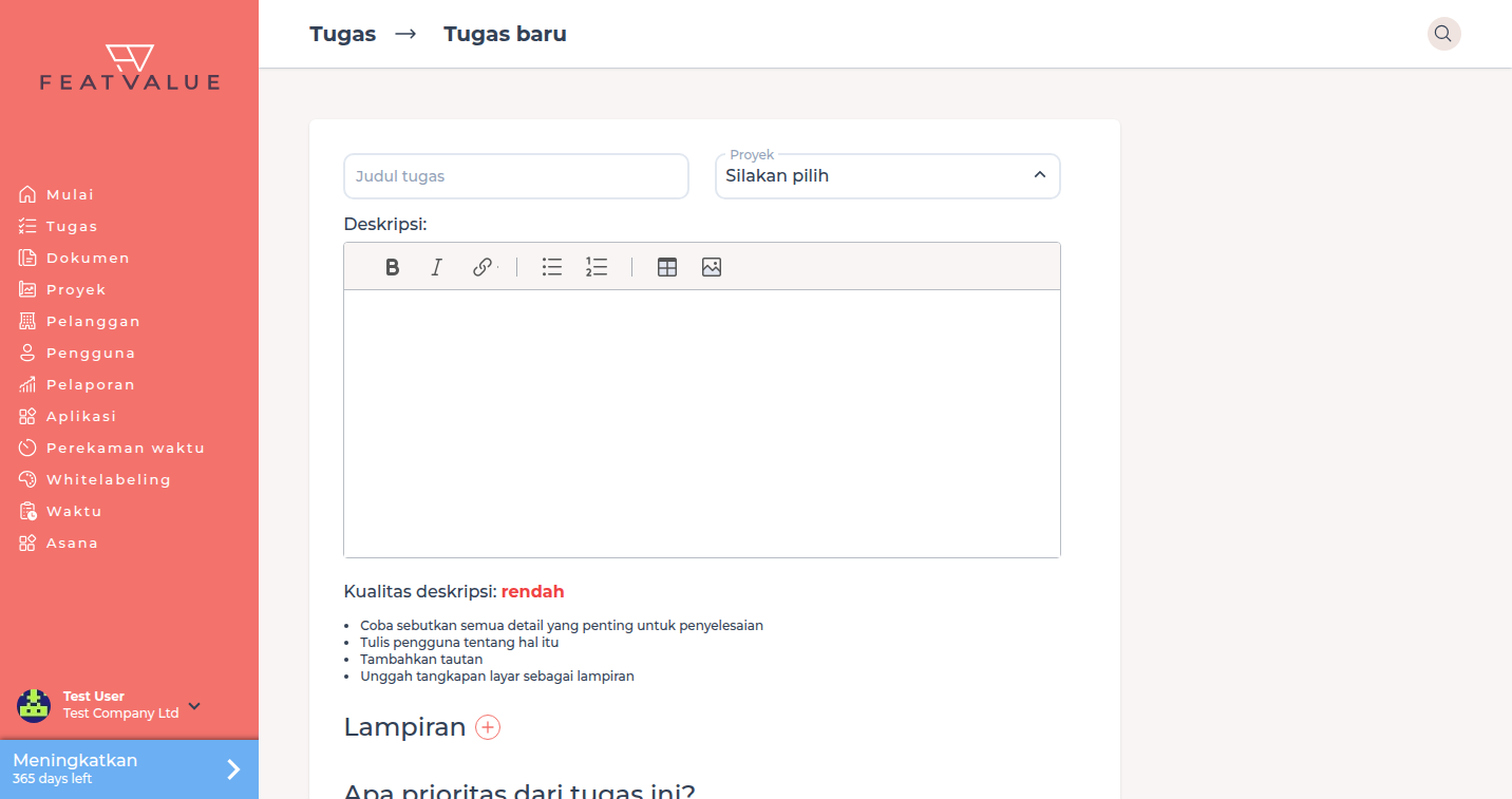 Formulir Tugas baru dengan judul, proyek, deskripsi, dan lampiran