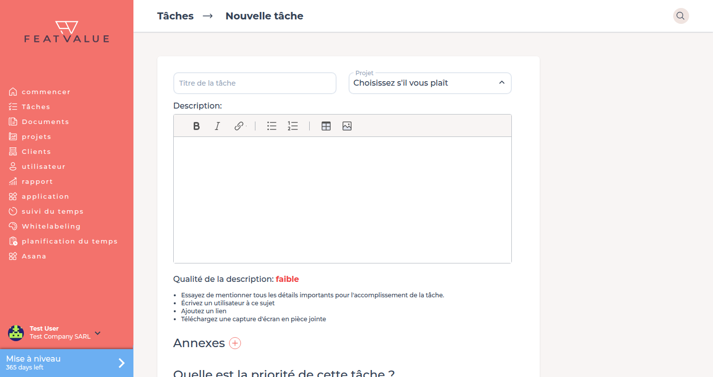 Formulaire Nouvelle tâche avec titre, Projet, Description et Pièces jointes