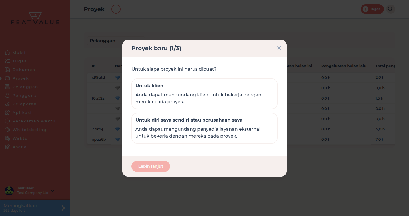 Dialog Proyek baru di atas daftar proyek dengan Untuk klien atau Untuk diri saya sendiri atau perusahaan saya