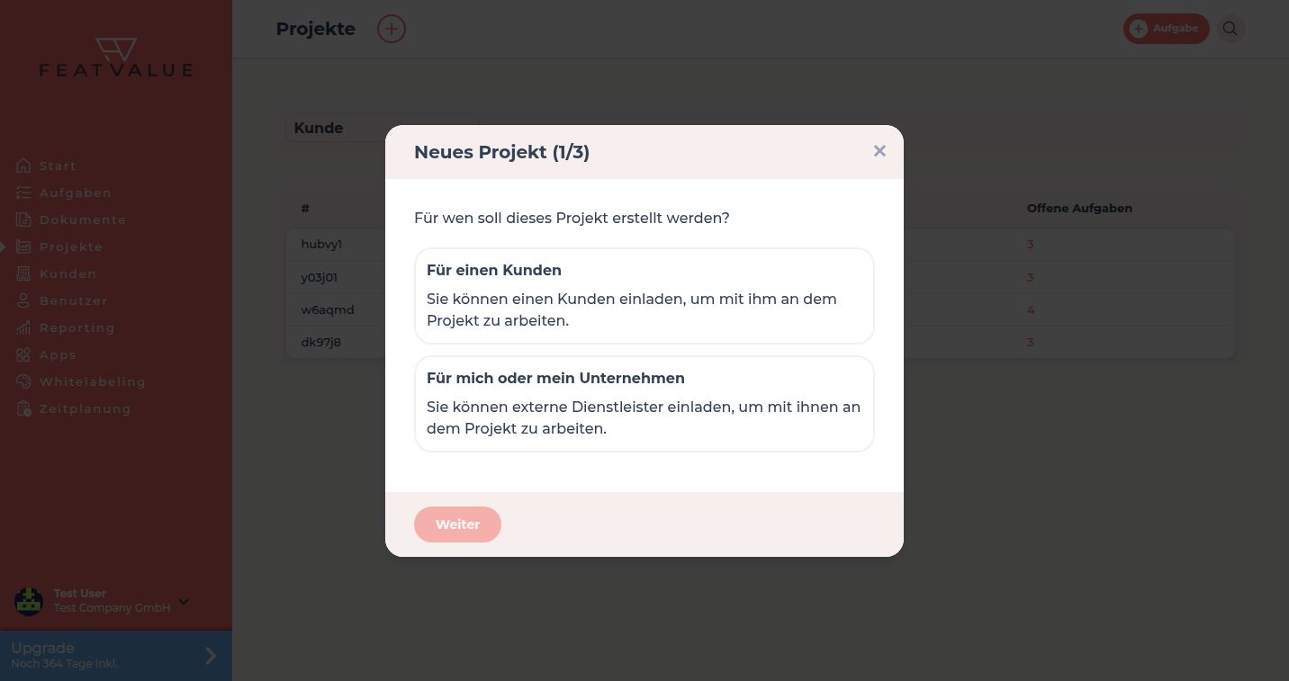 Dialog Neues Projekt über der Projektliste mit Für einen Kunden oder Für mich oder mein Unternehmen
