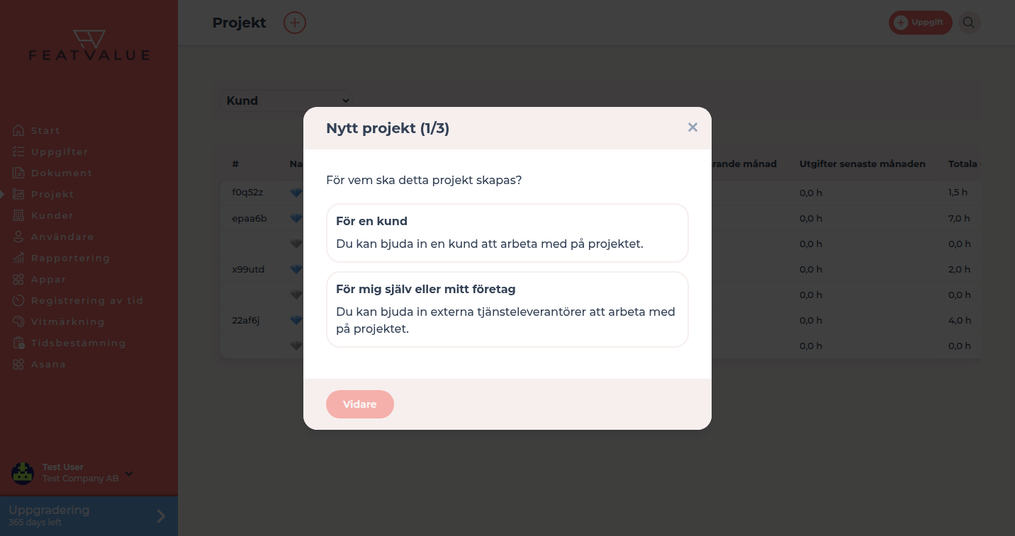 Dialogrutan Nytt projekt över projektlistan med För en kund eller För mig själv eller mitt företag