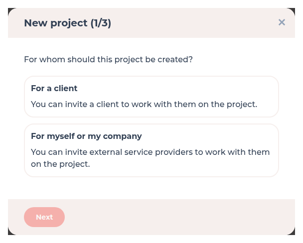 New project dialog over the projects list asking For a client or For myself or my company