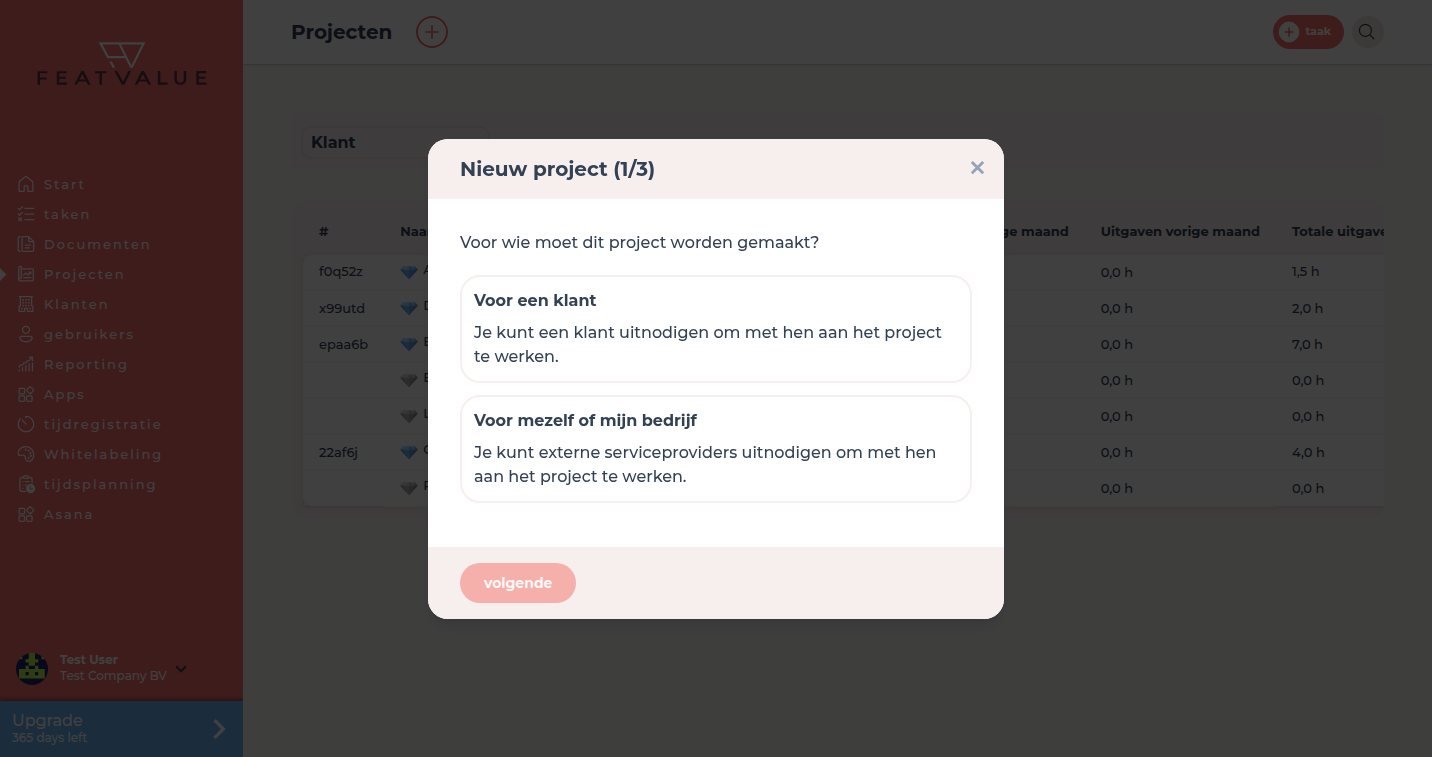 Dialoog Nieuw project boven de projectlijst met Voor een klant of Voor mezelf of mijn bedrijf