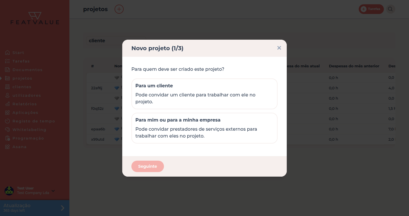 Diálogo Novo projeto sobre a lista de projetos com Para um cliente ou Para mim ou para a minha empresa