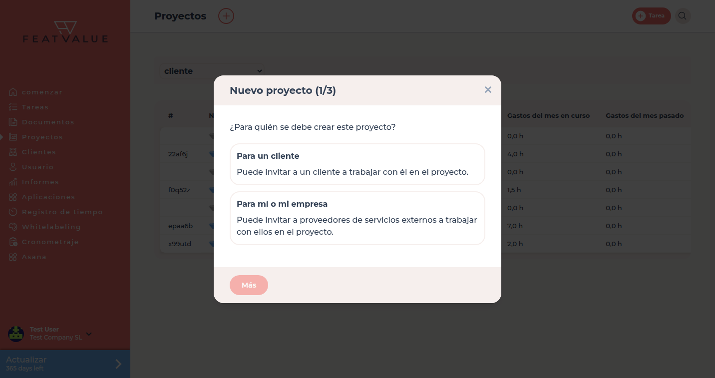Diálogo Nuevo proyecto sobre la lista de Proyectos con Para un cliente o Para mí o mi empresa