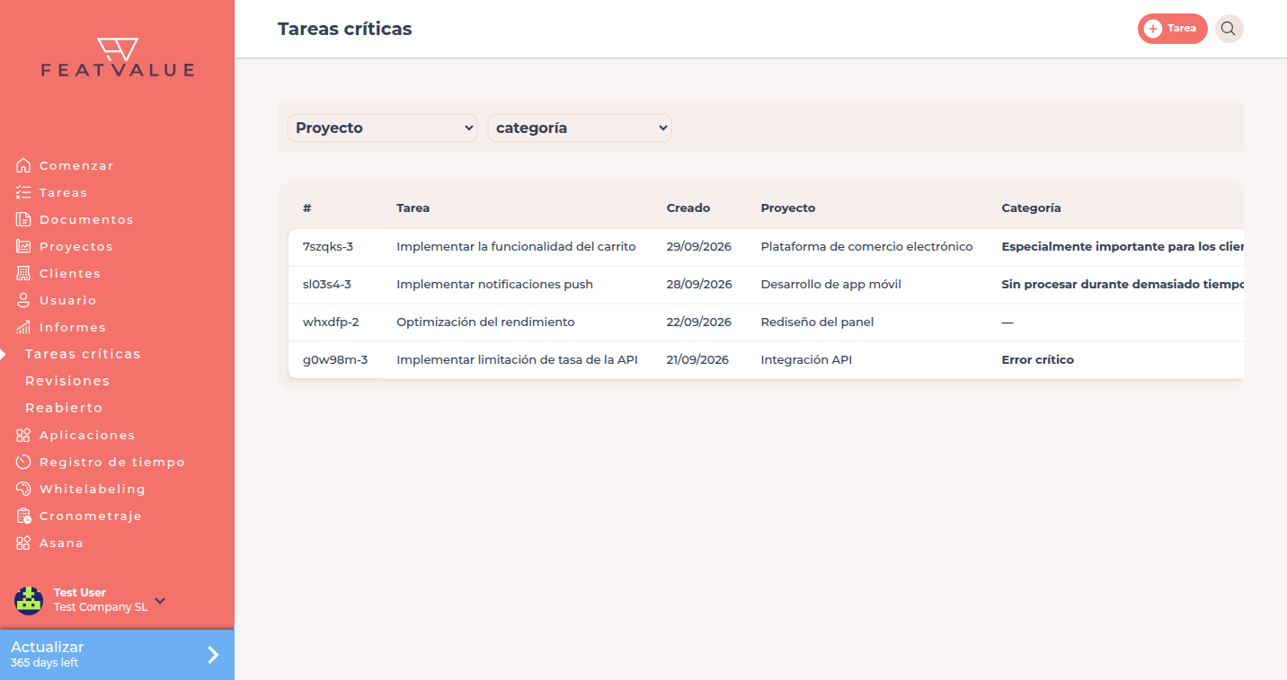 Lista tareas críticas con cuatro Tareas, tres de ellas con categoría