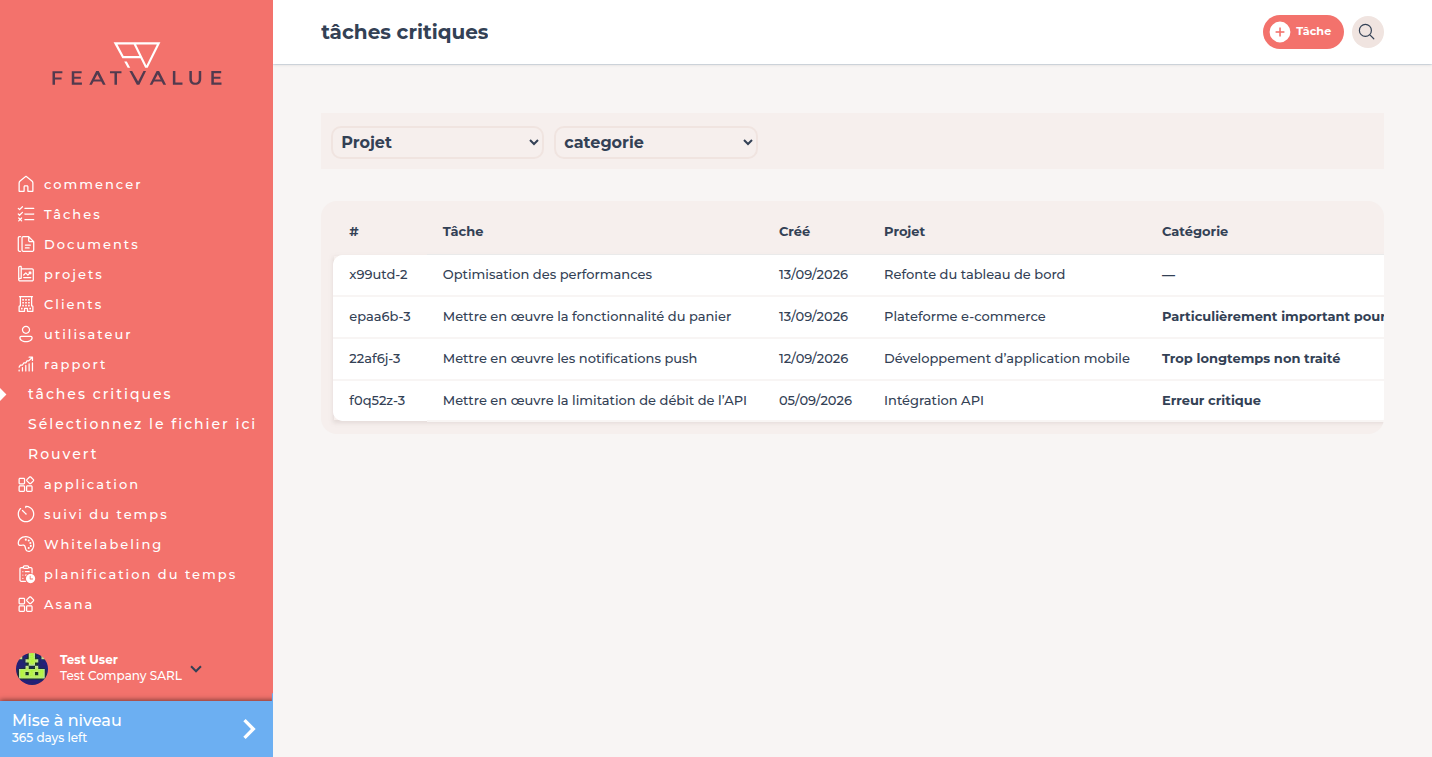 Liste tâches critiques avec quatre Tâches, dont trois avec categorie