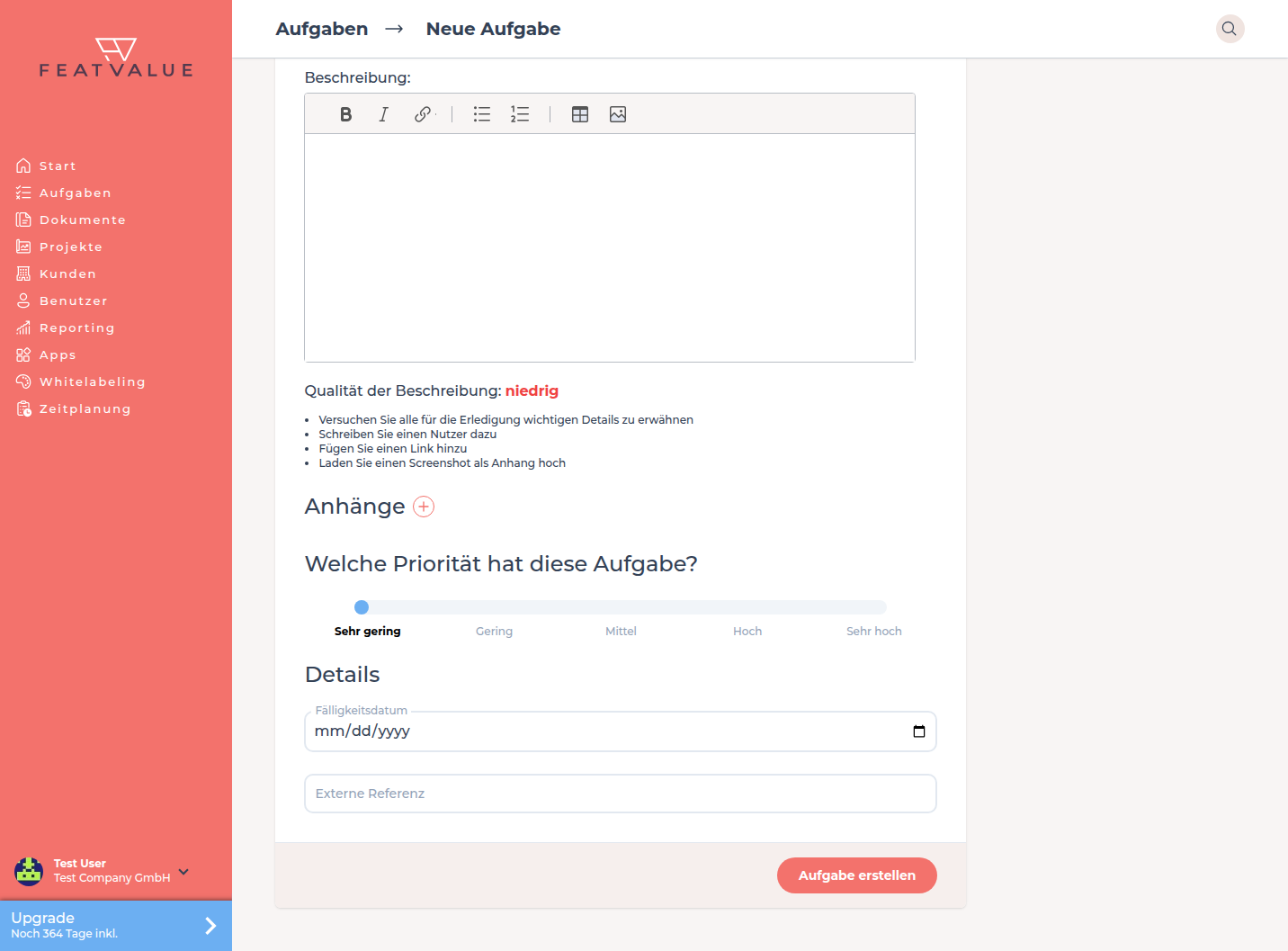 Formular Neue Aufgabe mit ausgefüllten zusätzlichen Aufgabenfeldern