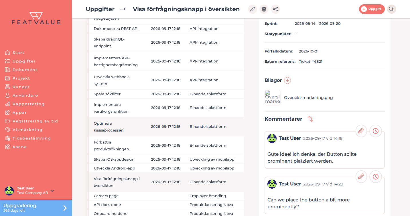 Uppgiftsdetaljer med extra uppgiftsfält vid redigering