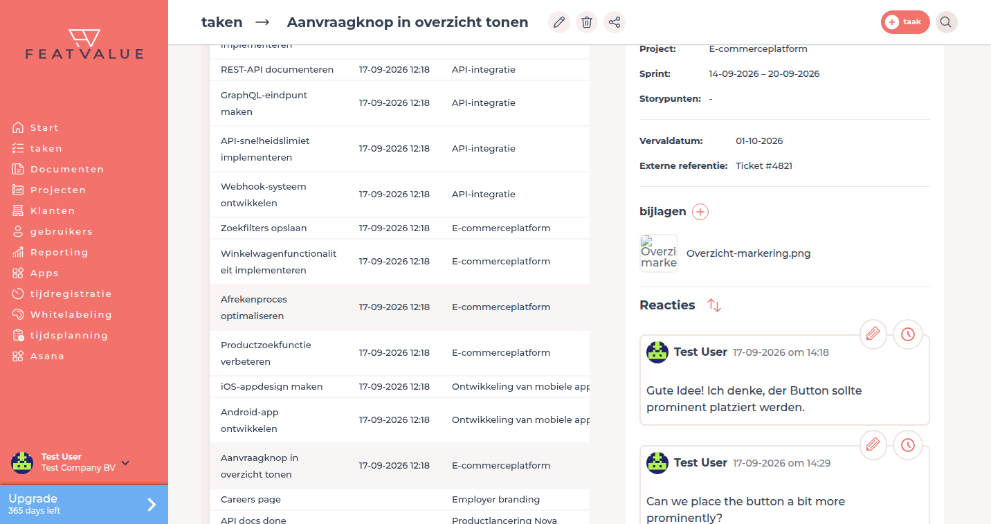 Taakdetails met extra taakvelden bij het bewerken