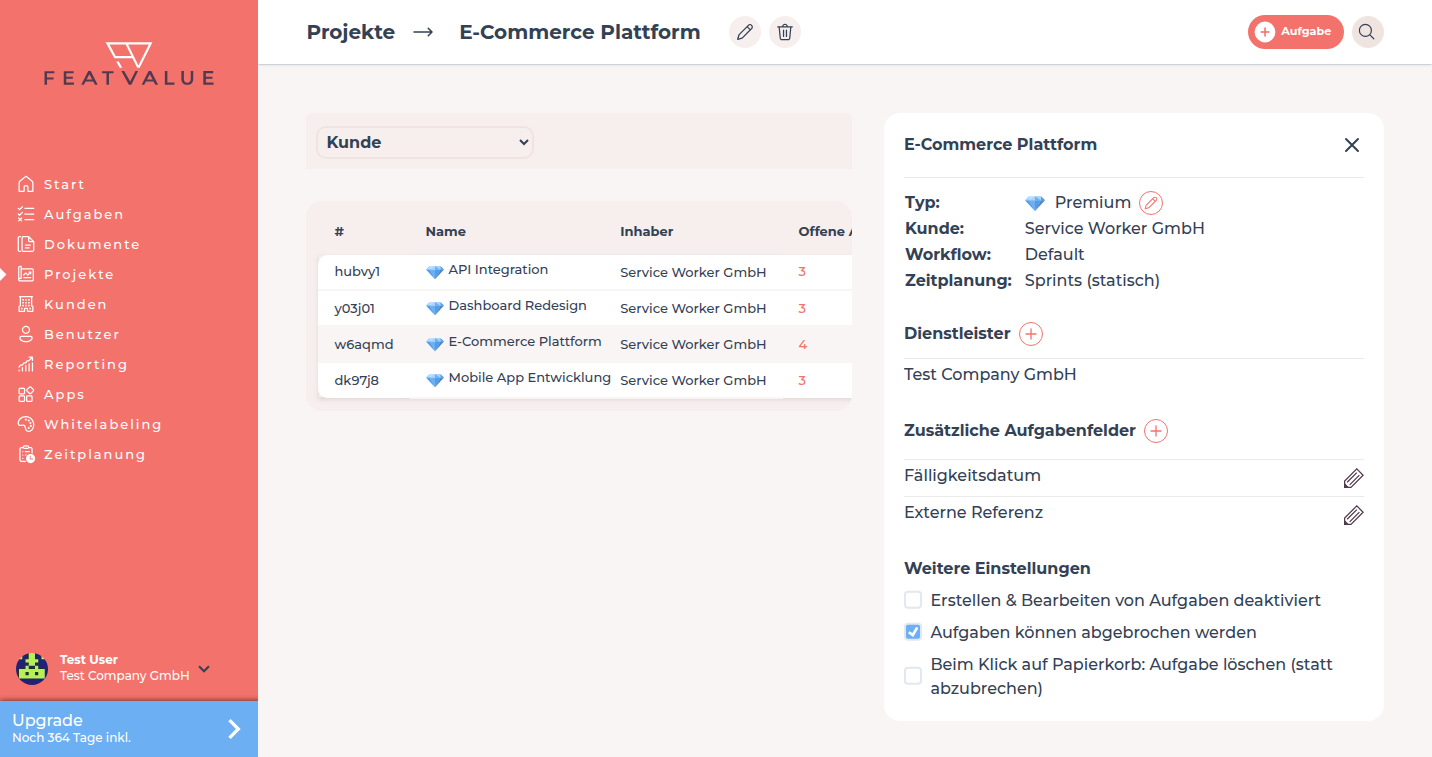 Projekt mit mehreren zusätzlichen Aufgabenfeldern und Workflow Standard