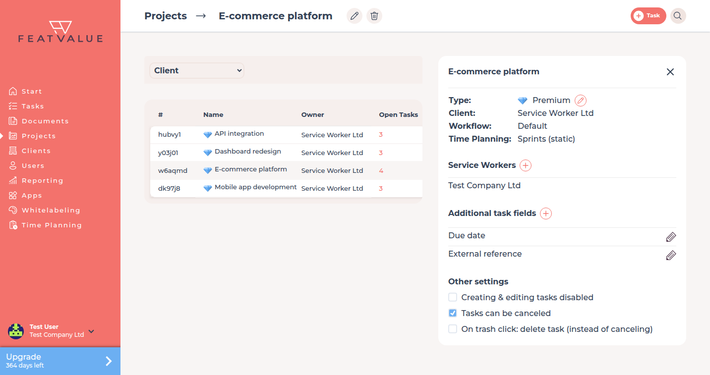 Project with several additional task fields and the Default workflow