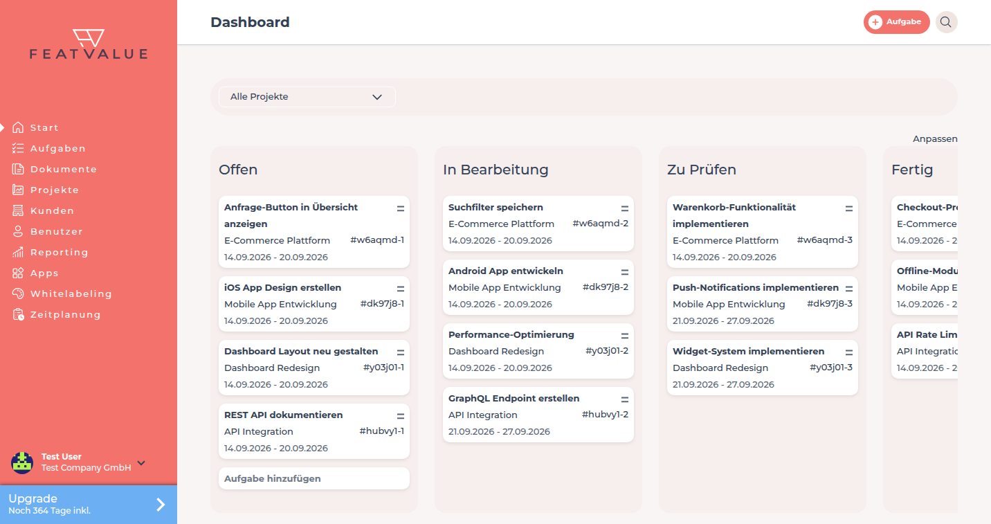 FeatValue-Dashboard mit den Spalten Offen, In Bearbeitung, Zur Prüfung und Fertig und deutschen Demo-Aufgaben