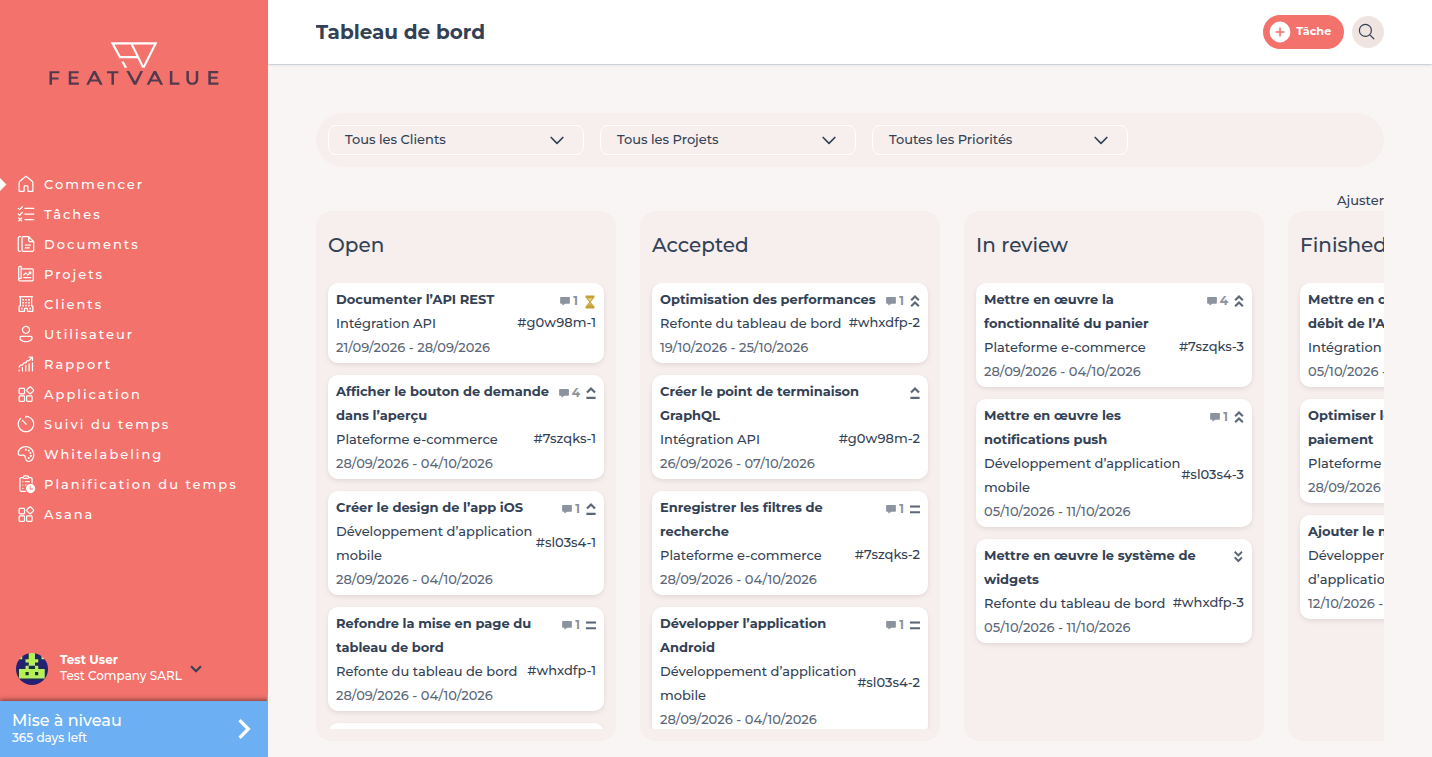 Tableau de bord FeatValue avec les colonnes Ouvert, En cours de réalisation, En cours d'examen et Prêt et des tâches de démonstration en français