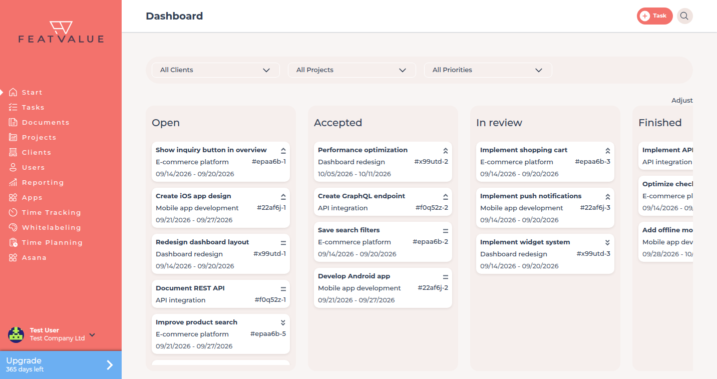 FeatValue dashboard of the demo agency after login