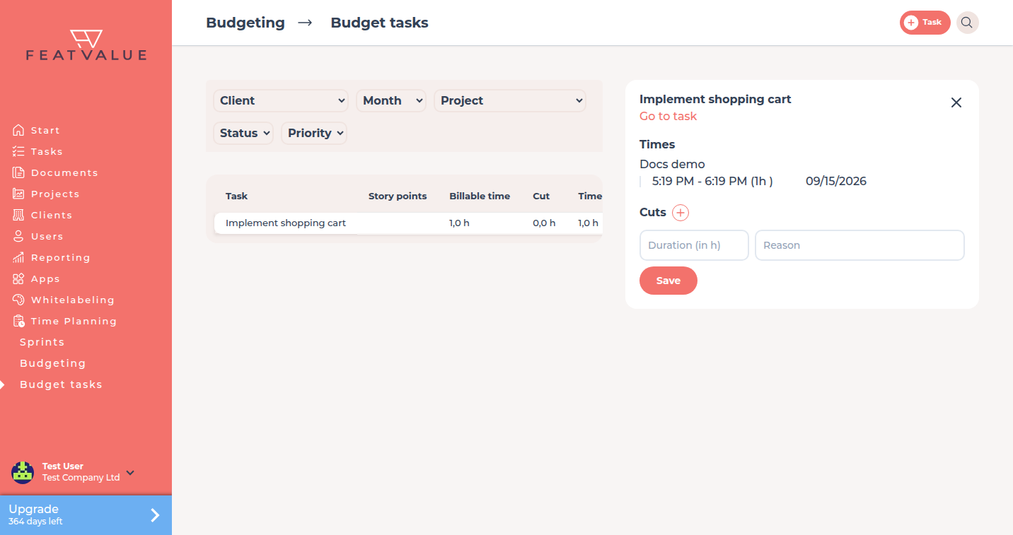 Budget tasks with an open task and the Cuts section