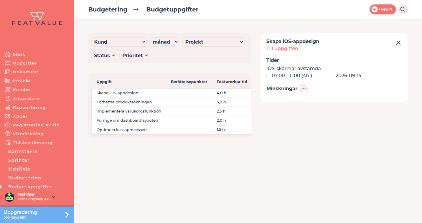 Budgetuppgifter med öppnad uppgift och området Minskningar