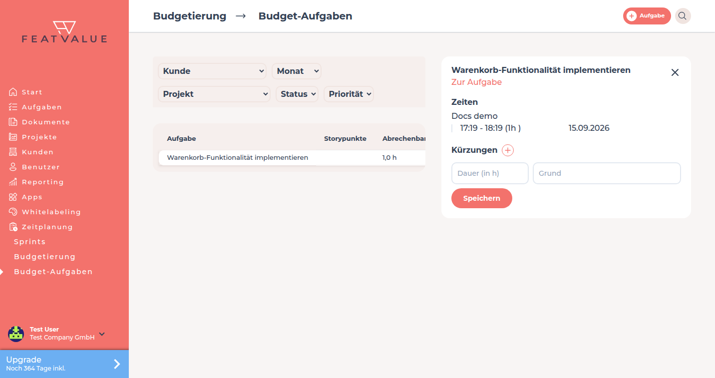 Budget-Aufgaben mit geöffneter Aufgabe und Bereich Kürzungen
