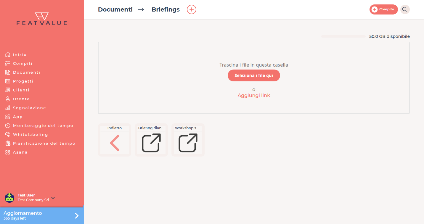 Cartella Briefing con una tessera Indietro e due tessere link