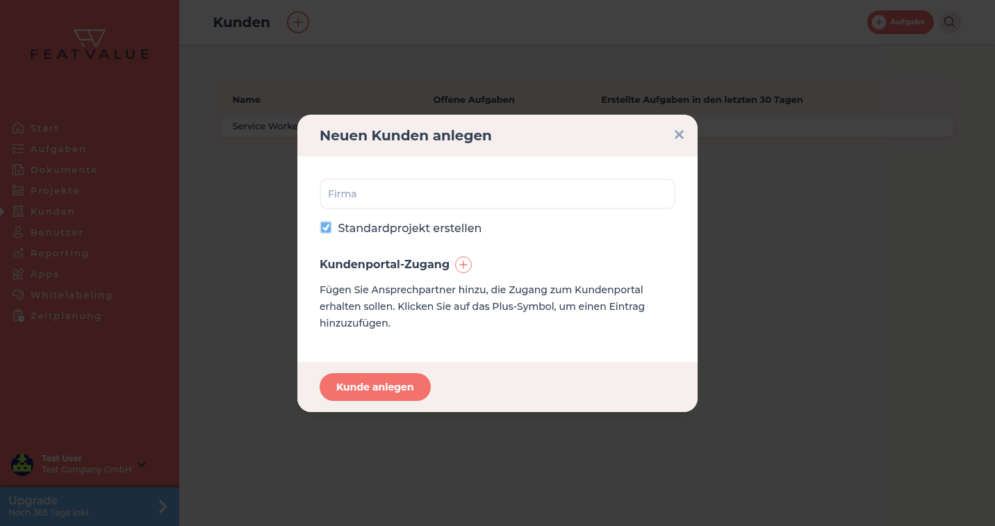 Dialog Neuen Kunden anlegen mit Unternehmensname, Standardprojekt und Zugang zum Kundenportal