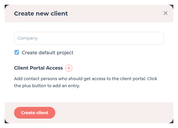 Create new client dialog with company name, Create default project and Client Portal Access