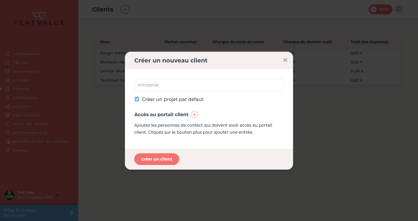 Dialogue Créer un nouveau client avec Nom de l’entreprise, projet par défaut et Accès au portail client