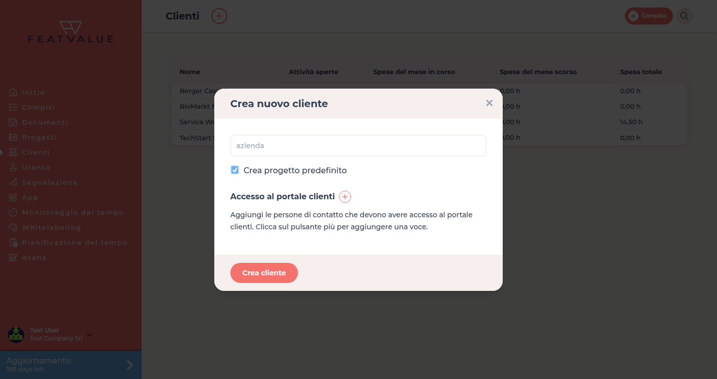 Finestra Crea nuovo cliente con nome azienda, Crea progetto predefinito e Accesso al portale clienti