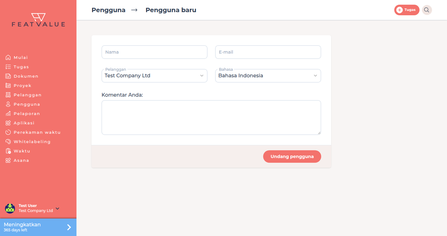 Formulir Pengguna baru dengan nama, email, perusahaan, dan bahasa