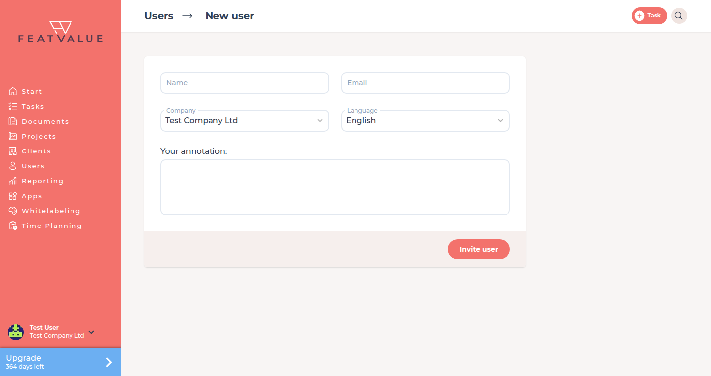 New user form with Name, Email, Company and Language