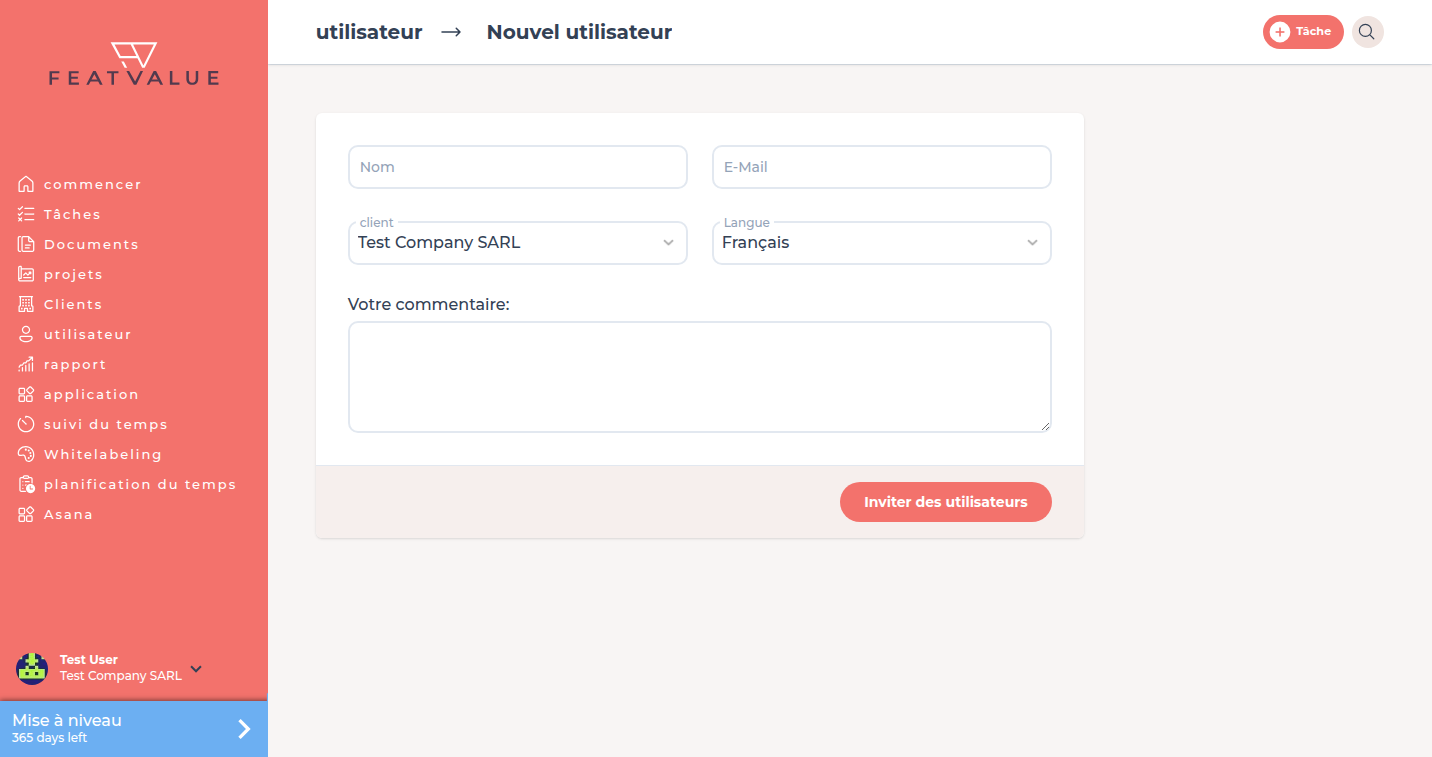 Formulaire Nouvel utilisateur avec Nom, E-Mail, entreprise et Langue