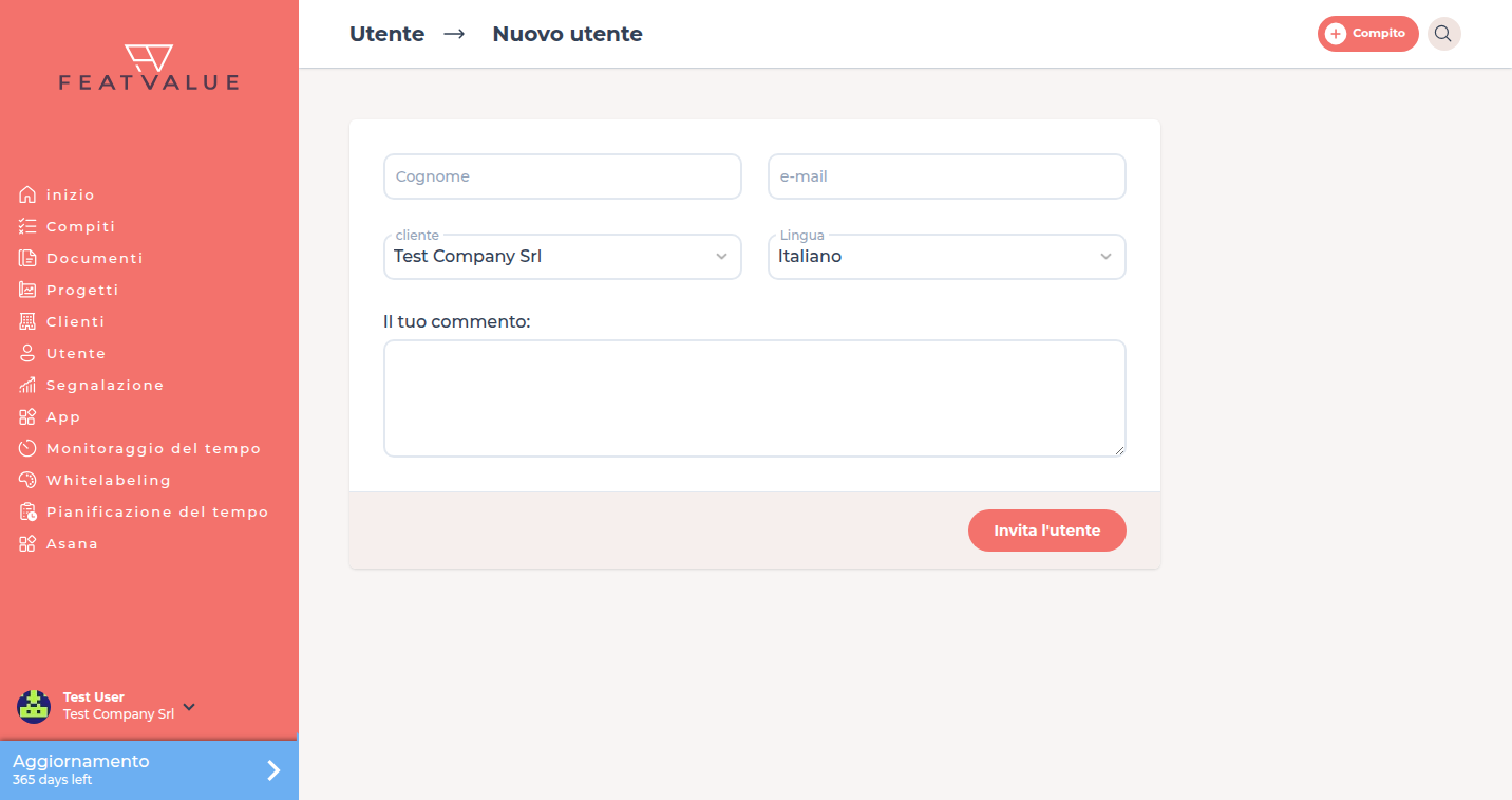 Modulo Nuovo utente con Nome, E-Mail, Azienda e Lingua