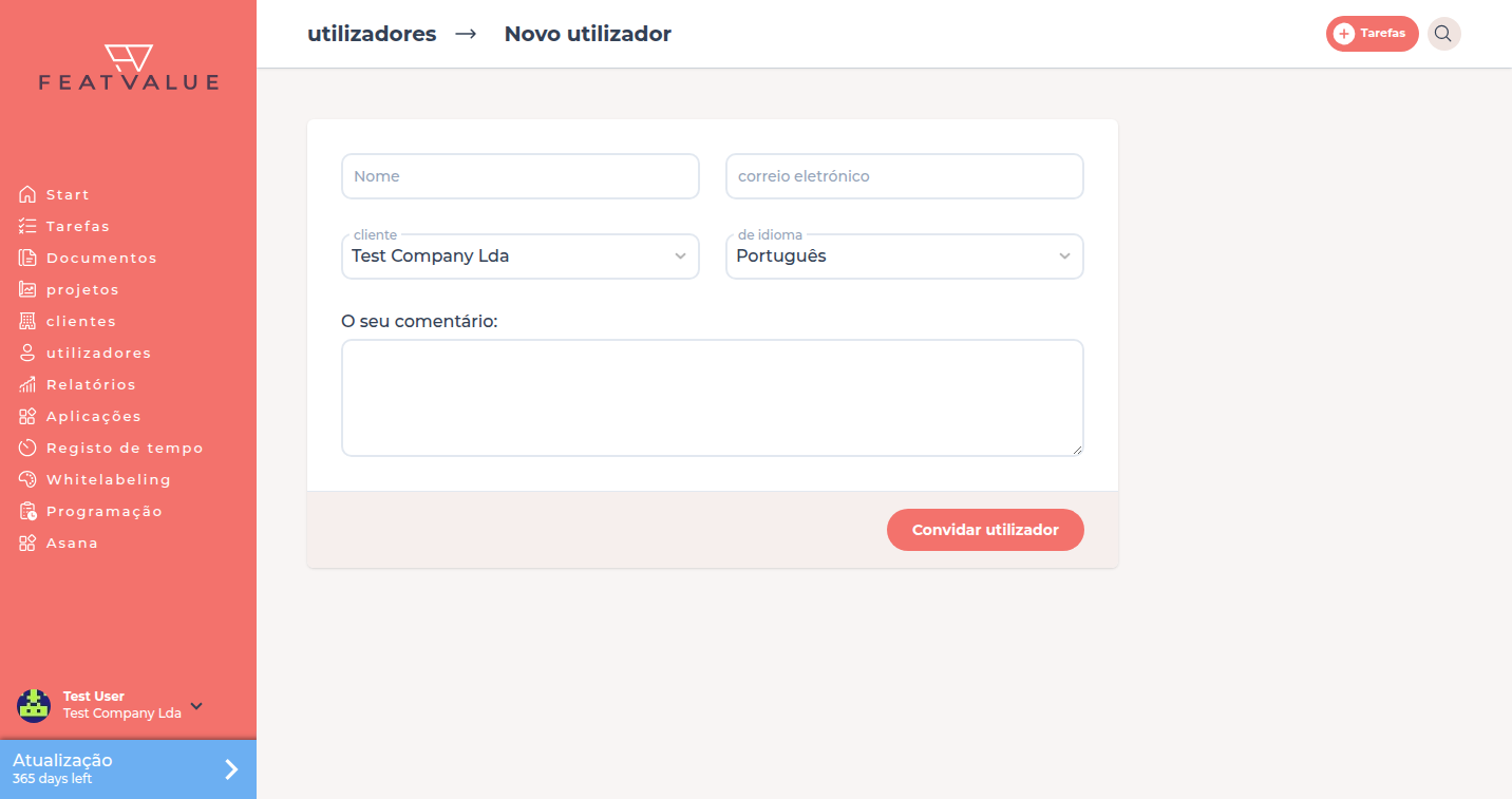 Formulário Novo utilizador com Nome, e-mail, empresa e idioma