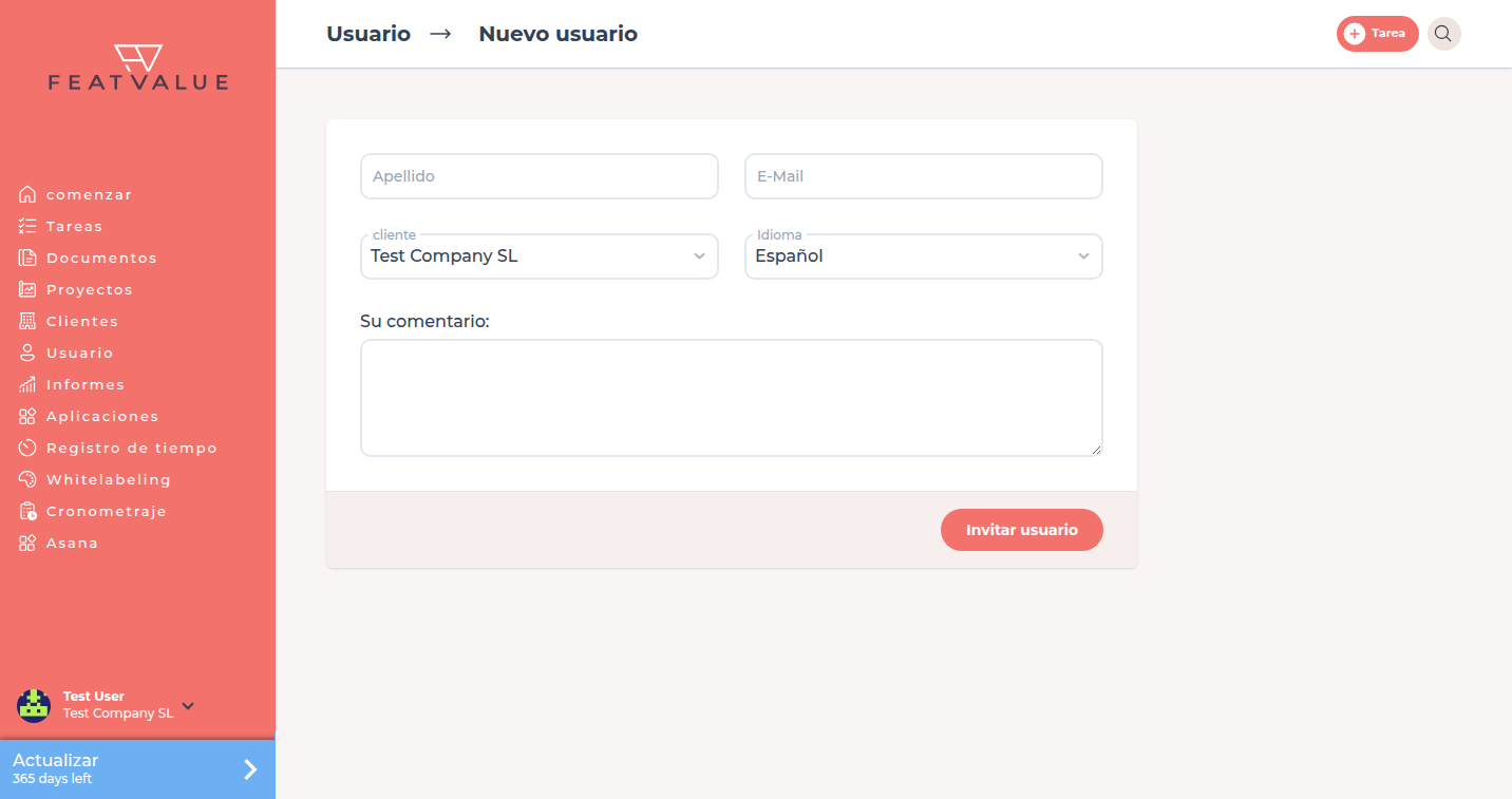 Formulario Nuevo usuario con Nombre, E-Mail, empresa e Idioma