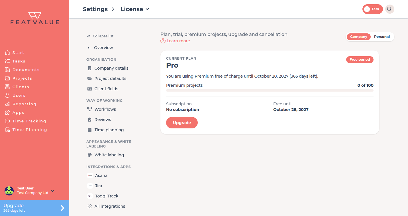License page with current plan, status, premium projects and subscription