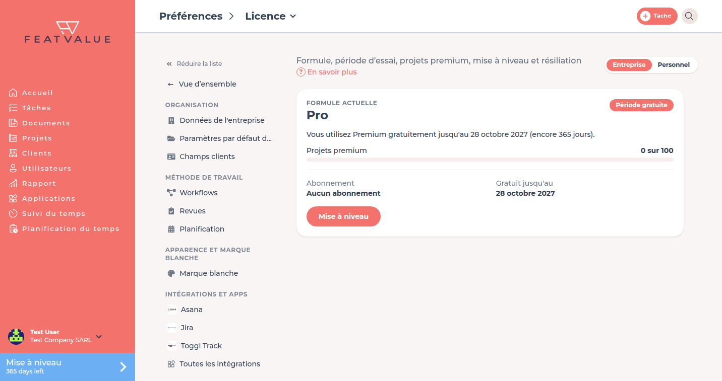 Page de détail Licence avec formule actuelle, statut, projets premium et abonnement