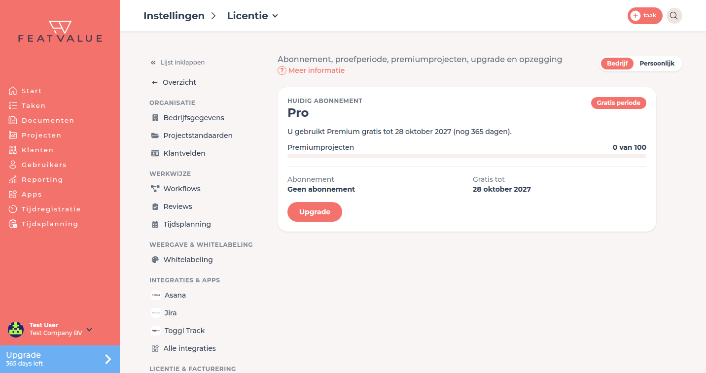 Detailpagina Licentie met huidig abonnement, status, premiumprojecten en abonnement