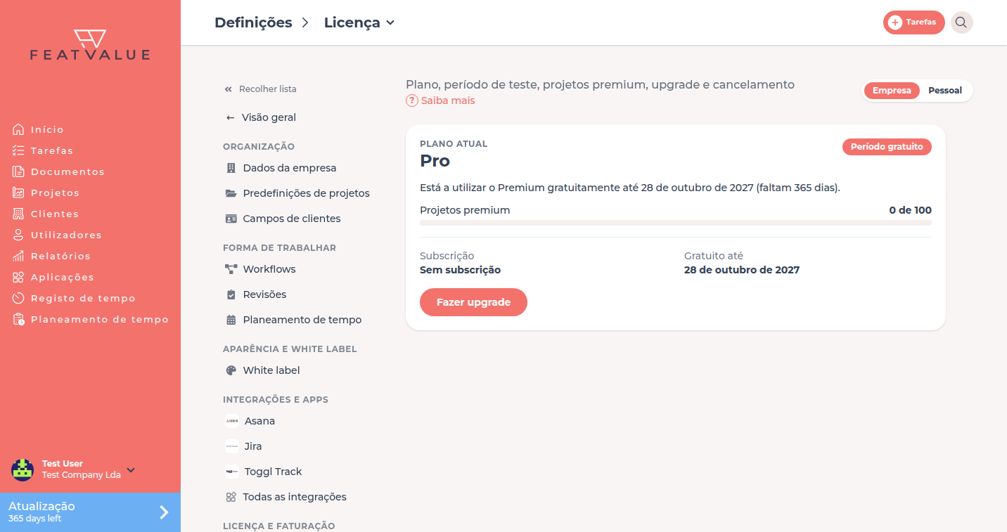Página de detalhe Licença com plano atual, estado, projetos premium e subscrição