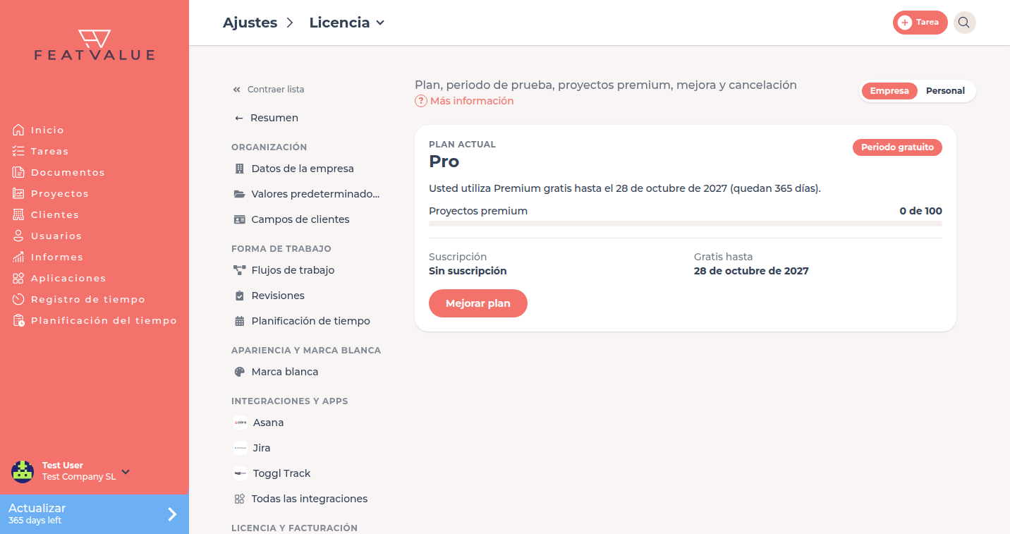 Página de detalle Licencia con plan actual, estado, Proyectos premium y suscripción