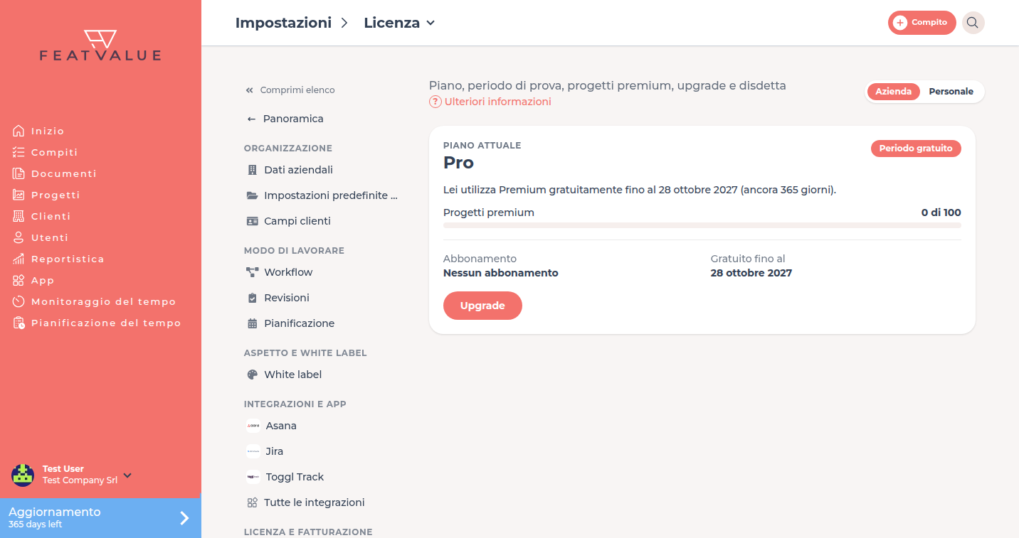 Pagina di dettaglio Licenza con piano attuale, stato, progetti premium e abbonamento