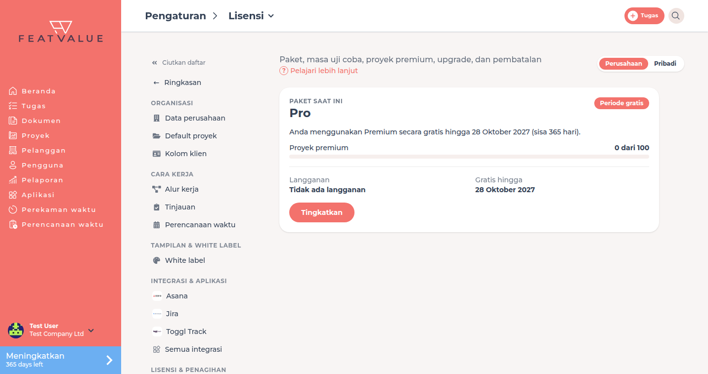 Halaman detail Lisensi dengan paket saat ini, status, proyek premium, dan langganan