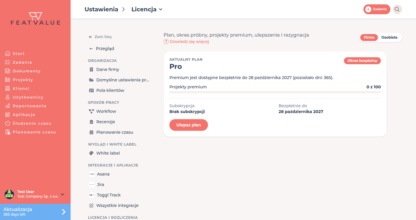 Strona szczegółów Licencja z aktualnym planem, statusem, projektami premium i subskrypcją